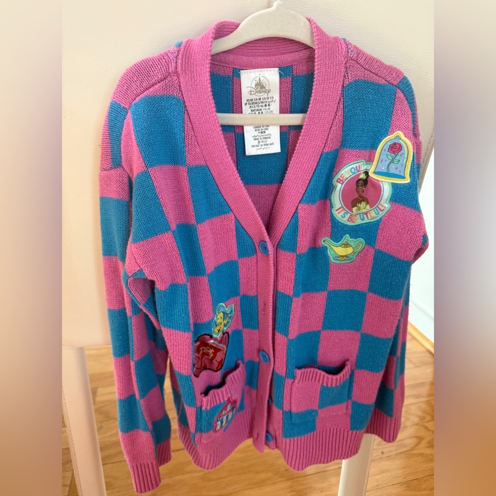 Girls Disney Princess Blue And Pink Checkered Sweater Cardigan Size 5/6